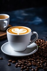 Coffee cup with latte art and coffee beans on dark background