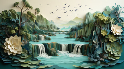 Enchanting Cascades: Captivating Natural Beauty amidst Lush Forests, Mountain Streams, and Tranquil Waterfalls, generative AI