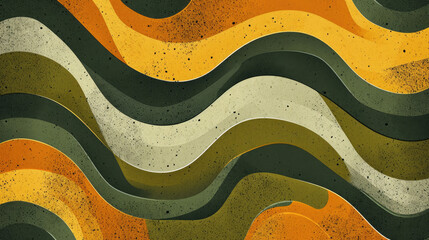 Groovy psychedelic abstract wavy background with rough texture combined with retro colors olive green, burnt sienna and mustard yellow - obrazy, fototapety, plakaty