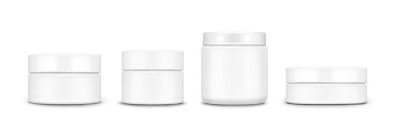 3D set of cream jars isolated on white. Vector realistic illustration of cosmetic container mockups, plastic or glass packaging for skin care product covered with lid, blank space for branding