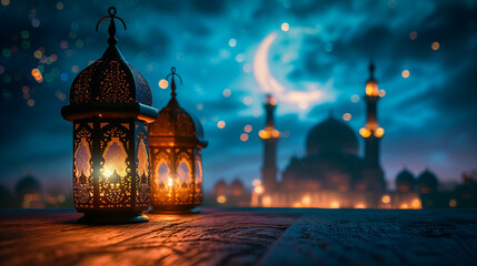 Fototapeta premium Arabic lanterns on a table with blurry mosque in background. Ramadan decoration concept