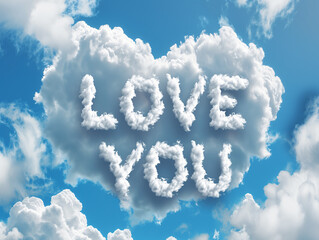 Cute St. Valentines Day postcard. Words "Love you" is written in heart-shaped cloud in blue sky