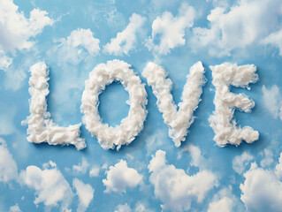 Cute St. Valentines Day postcard. Word "Love" is written with clouds in blue sky