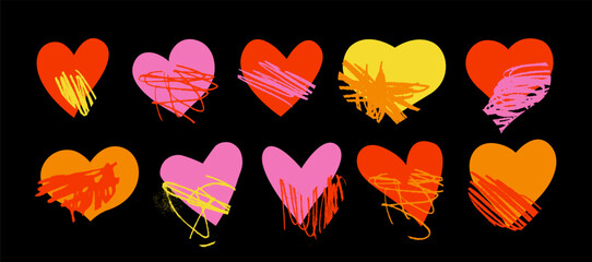 Set of vector hand-drawn textured hearts. Valentine's day trendy elements collection. Bright vivid colorful heart shapes. Creative elements for punk collage art, banner illustration, love  pattern
