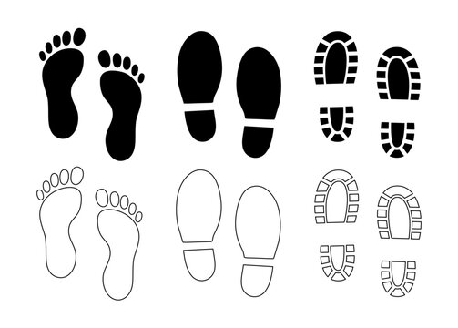 Person barefoot and footprint. Symbols leg step, silhouette human feet, icon people shoe print. Different black graphic sign legs and shoes sole. Vector illustration