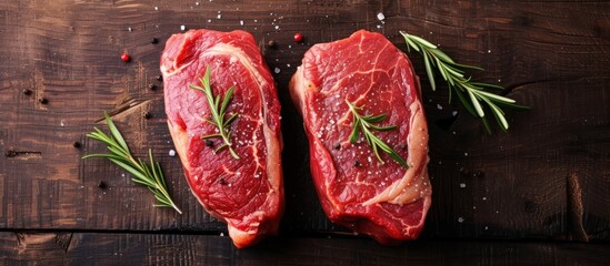 Deliciously Raw: A Top View of Two Juicy Steaks Gracing a Wooden Tabletop