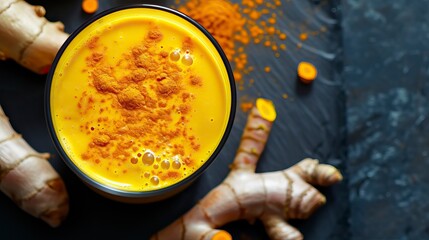 Turmeric Smoothie, Black Surface Table, minimalistic decor 