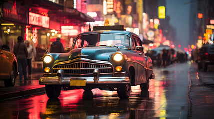 A parked vintage car against the backdrop of passing night traffic.