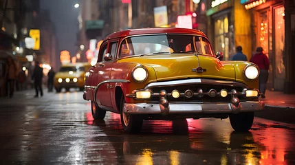 Rolgordijnen A parked vintage car against the backdrop of passing night traffic. © Alex Bur