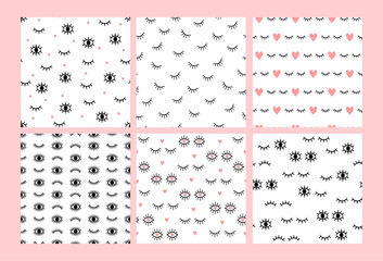 Eyelashes seamless pattern. Print with abstract lashes, open and close eyes. Background with girl makeup lash. Hand drawn fashion pink heart and cilia. Vector set