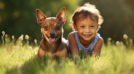 Cute little kid playing with his puppy dog near his house in the garden on the grass, Generative AI