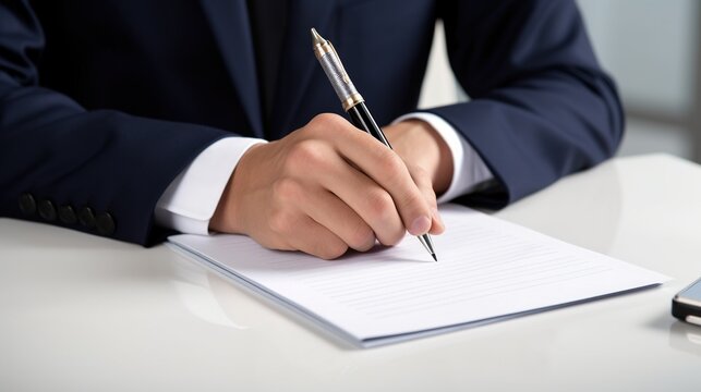 A professional businessman jotting down notes on paper, captured in high-definition realism