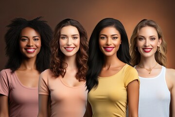 Different beautiful women with even teeth and long hair look at the camera and smile, Generative AI