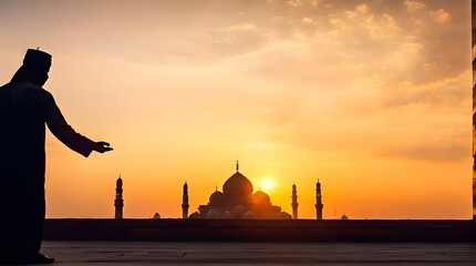 Silhouette Young muslim man honesty pray to God on sunset panoramic mosque background, concept for eid mubarak  life and spiritual of islam man fasting in ramadan  Indonesian civilian people