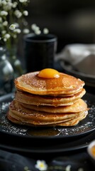 Whole Grain Pancakes, Black Surface Table, minimalistic decor 