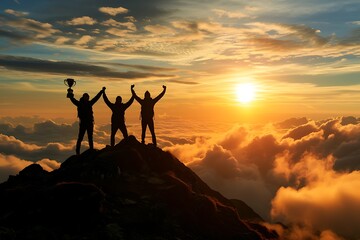 Team Achievement Concept - Silhouetted Figures Celebrating on Mountain Peak at Vibrant Sunset, Backlit by Sun, Overlooking Sea of Clouds