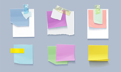 Set of paper notes isolated on background. Vector realistic illustration of blank notepad page pieces attached to board or wall with color sticky tape, reminder message, to-do list, schedule sheet