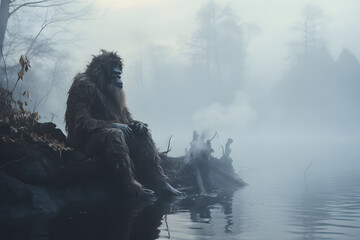Sasquatch sits by a campfire on the shore of a lake - obrazy, fototapety, plakaty