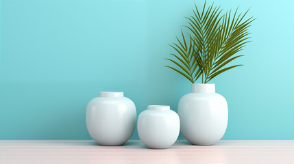 Fototapeta na wymiar white vase and plant with aqua color background, abstract vase, generate ai