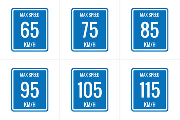 Maximum Speed limit sign  65kmh, 75, 85, 95, 105, 115 Kmh, sign icon on white background vector illustration.