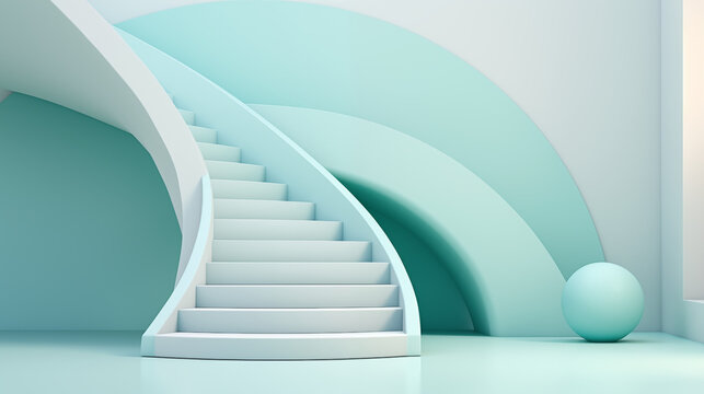 white stairs and blue ball with blue background 3d scene, 3d render, generate ai