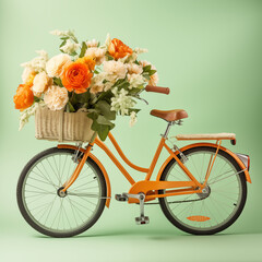 Fototapeta na wymiar A vibrant bicycle adorned with a basket of flowers rolls gracefully, symbolizing the perfect blend of nature and human-powered transport