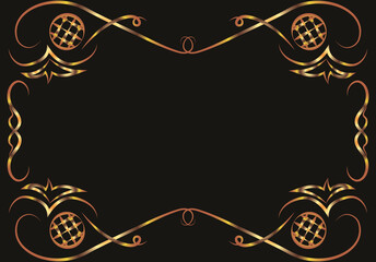 Illustration with ovals and curls. Symmetrical ornament, applique, background with space for inscription. Fantasy. Gold gradient on a black background for printing on fabric, applique and cards.