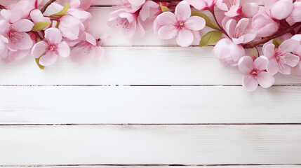 Naklejka na ściany i meble A vibrant bouquet of delicate pink blossoms radiates the essence of spring on a pristine white wooden backdrop, exuding a sense of freshness and natural beauty