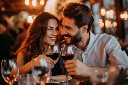 Couple Enjoying Red Wine in a Romantic, Dimly Lit Restaurant Setting, Capturing the Essence of Intimate Dining Experiences