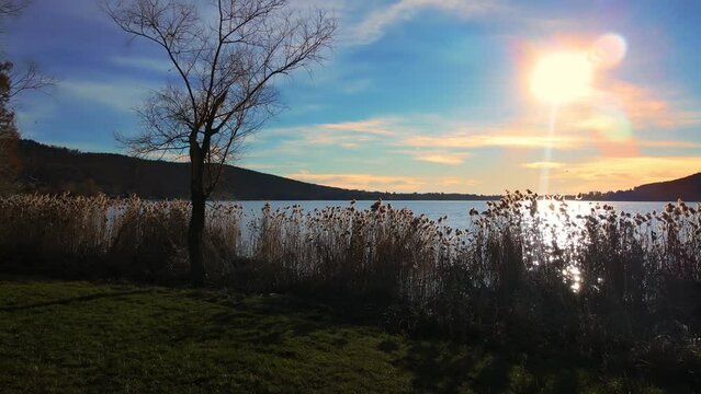 Landscape at sunset on Lake Corgeno Italy.
