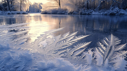 Fine featherlike frost designs etched across a frozen lake creating a peaceful winter scene.