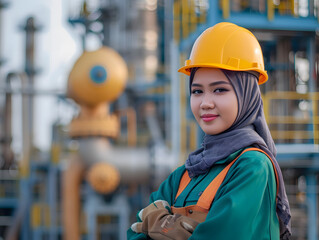 A young Indonesian female petroleum engineer in her mid 30s wearing hijab on site
