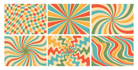 Retro groovy background. Abstract hypnotic 70s hypnotic pattern. Colorful twisted rays, trippy waves, hippy 60s chess elements for poster, cards. Vector set