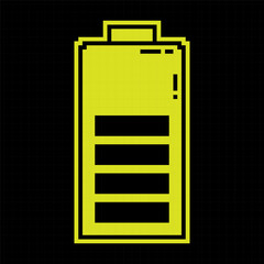 Pixel silhouette icon. Dropping battery power. Energy storage in energy efficient recyclable battery. Simple black and yellow vector