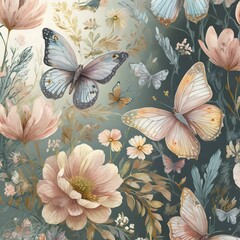 seamless pattern with butterflies, seamless pattern , beautiful boho butterflies with wild flowers, light pastel colors, seamless wallpaper pattern, Ai Generate