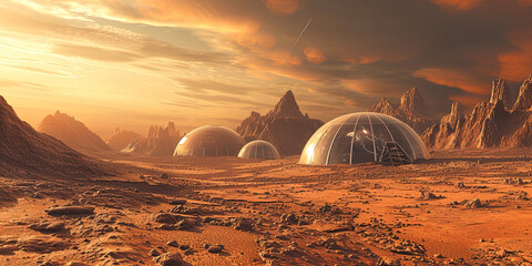 Fototapeta na wymiar Mars planet surface exploration living domes, terraforming planets, generated ai