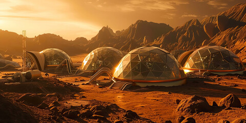 Mars planet surface exploration living domes, terraforming planets, generated ai