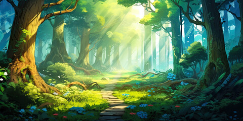 anime cartoon style woodland forest background banner, generated ai - obrazy, fototapety, plakaty