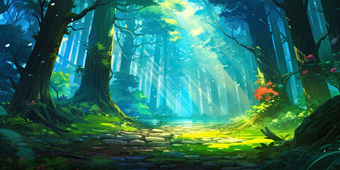 anime cartoon style woodland forest background banner, generated ai