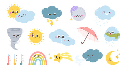 Cute weather characters. Cartoon funny season forecast emotion elements. Kids sun, happy rainbow, snowy cloud in hat, rain with umbrella on white background. Vector icons