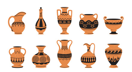 Antique pottery vases. Cartoon old vase, old pot, greek amphora, ancient urn with decorative ornaments and patterns. Clay ceramic decoration vector set