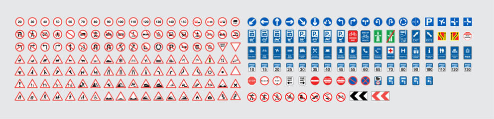 Collection of warning, mandatory, prohibition, road signs and traffic light vectors. Traffic signs collection. Signs of danger, mandatory, obligations, animal crossing and alerts. Vector illustration.