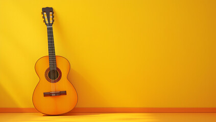 Sun-kissed Melody: A rustic acoustic guitar leans against a cheerful yellow wall, bathed in warm sunlight - obrazy, fototapety, plakaty