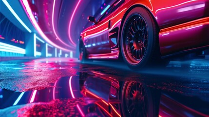 A low angle shot captures the underside of a car as it pes over a neonlit bridge creating a...