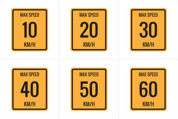 Maximum Speed limit sign 10 kmh, 20, 30, 40, 50, 60 Kmh, sign icon on white background vector illustration.
