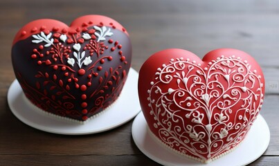 Fototapeta premium Heart-shaped cake for Valentine's Day on a wooden background.