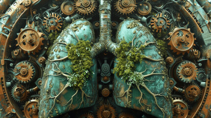 In the biomechanical world gears and cogs spun in perfect synchronization with the gentle rhythm of breathing lungs. Plants sprouted from intricate metallic machinery creating - obrazy, fototapety, plakaty