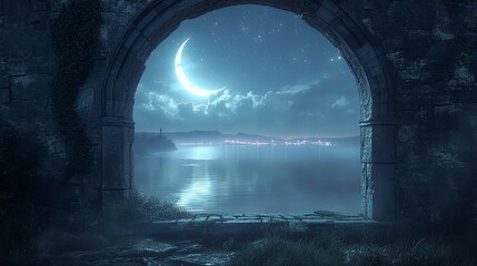 Mystical window with crescent moon in night 