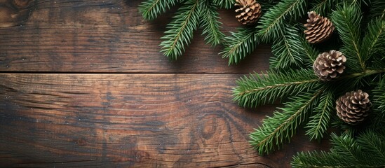 Christmas Tree Branch on Wooden Background - Festive Holiday Decor with a Touch of Nature: Christmas Tree Branch, Wooden Background, and Holiday Charm