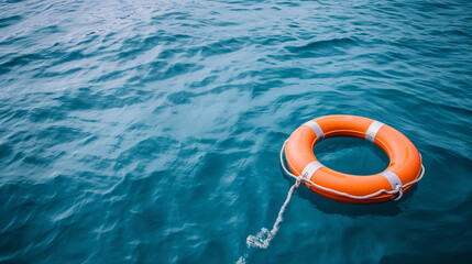 Orange lifebuoy in the blue sea. Safety equipment. - obrazy, fototapety, plakaty
